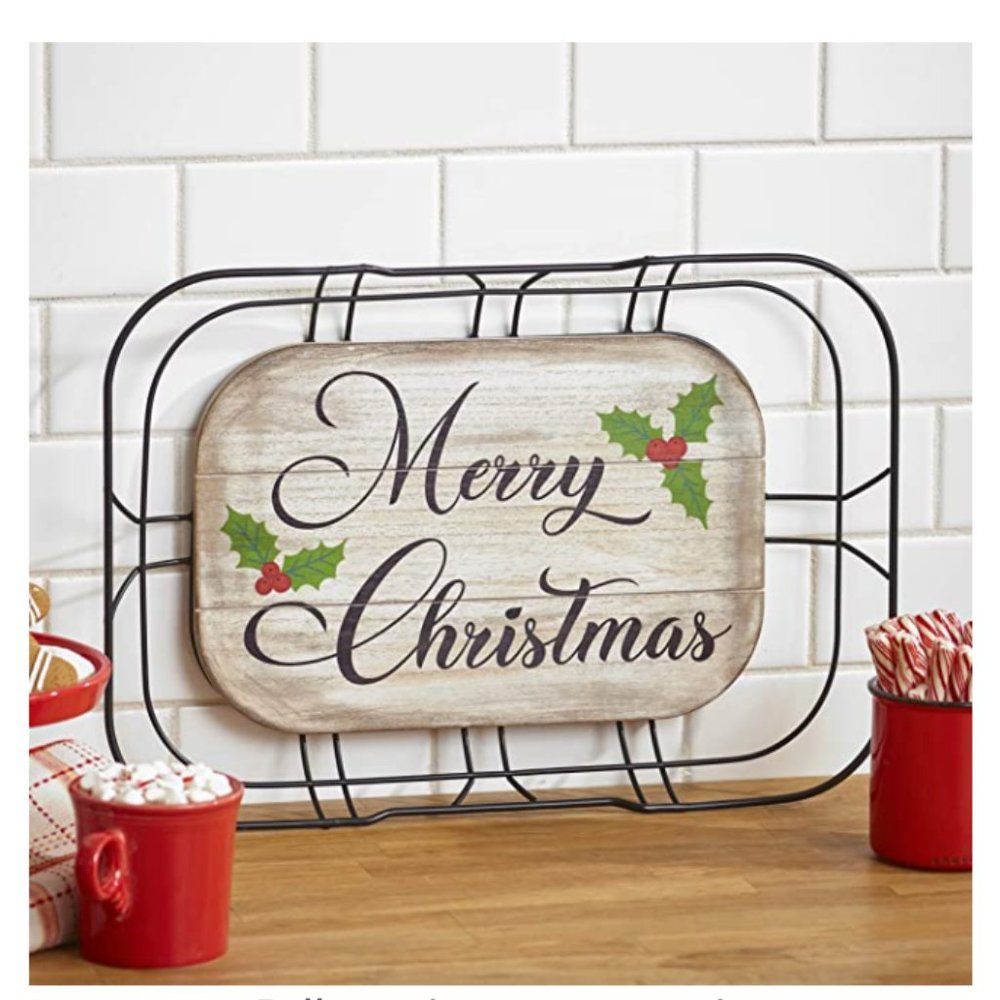 Merry Christmas Serving Tray with Metal Wire Frame Handles and Holly Accents